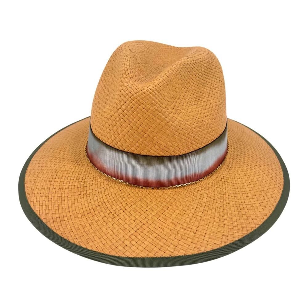 Veronica Beard NWT Freya Straw Fedora Hat in Tan with Olive Trim
